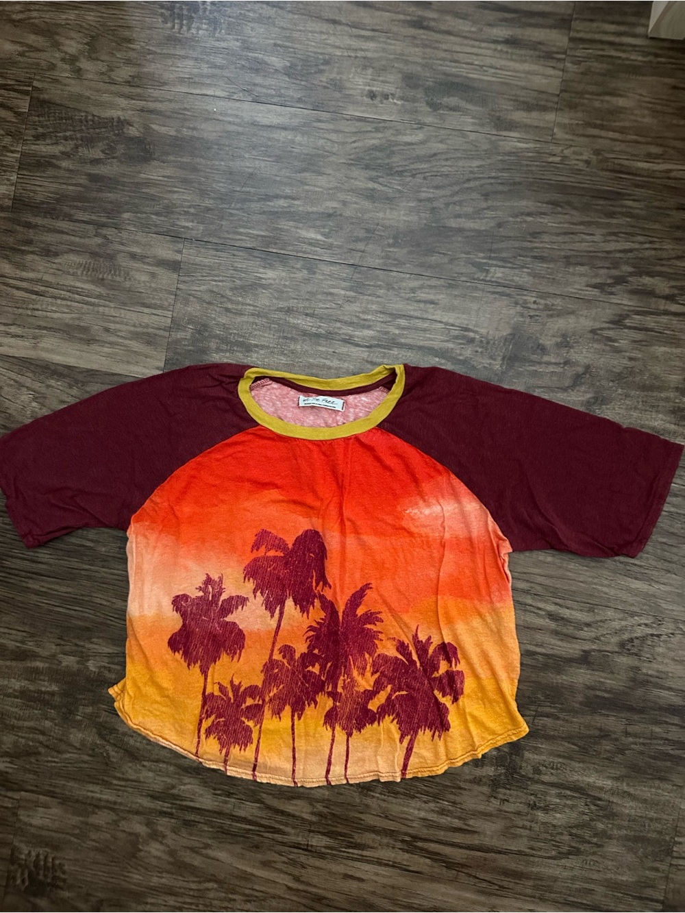 We The Free  Sunset Palm Raglan Tee in Maroon, Orange & Yellow